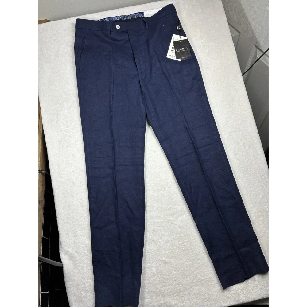NWT Mens Lauren Ralph Lauren Men Ultra Flex Classic Fit Navy Linen Pants 32x32